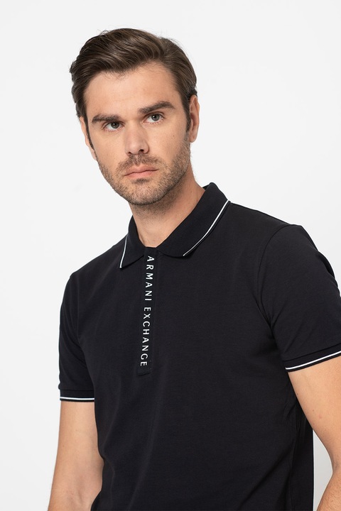 ARMANI EXCHANGE, Тениска с яка с къс цип, Тъмносин