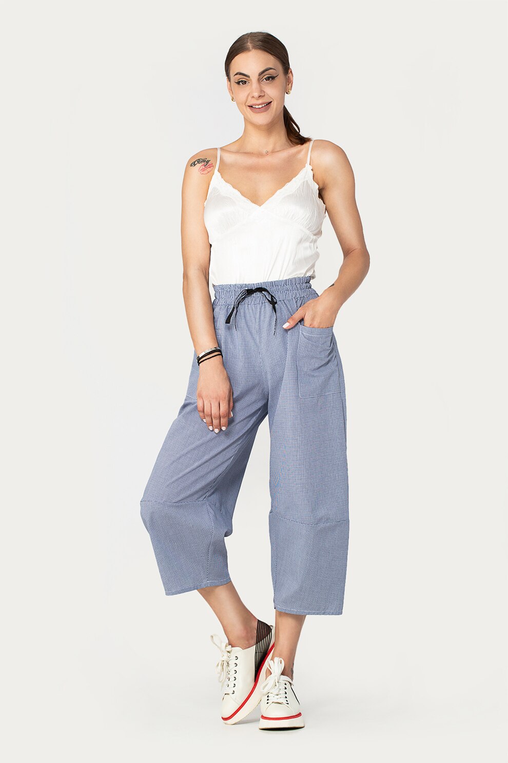 Antonia M, Pantaloni cu croiala ampla si talie elastica, Albastru lavanda/Alb