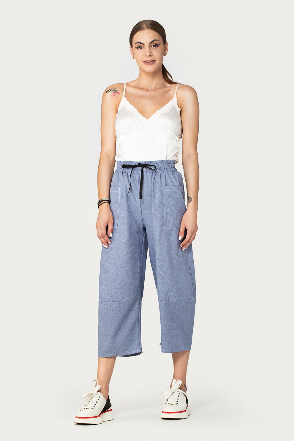 Antonia M, Pantaloni cu croiala ampla si talie elastica, Albastru lavanda/Alb