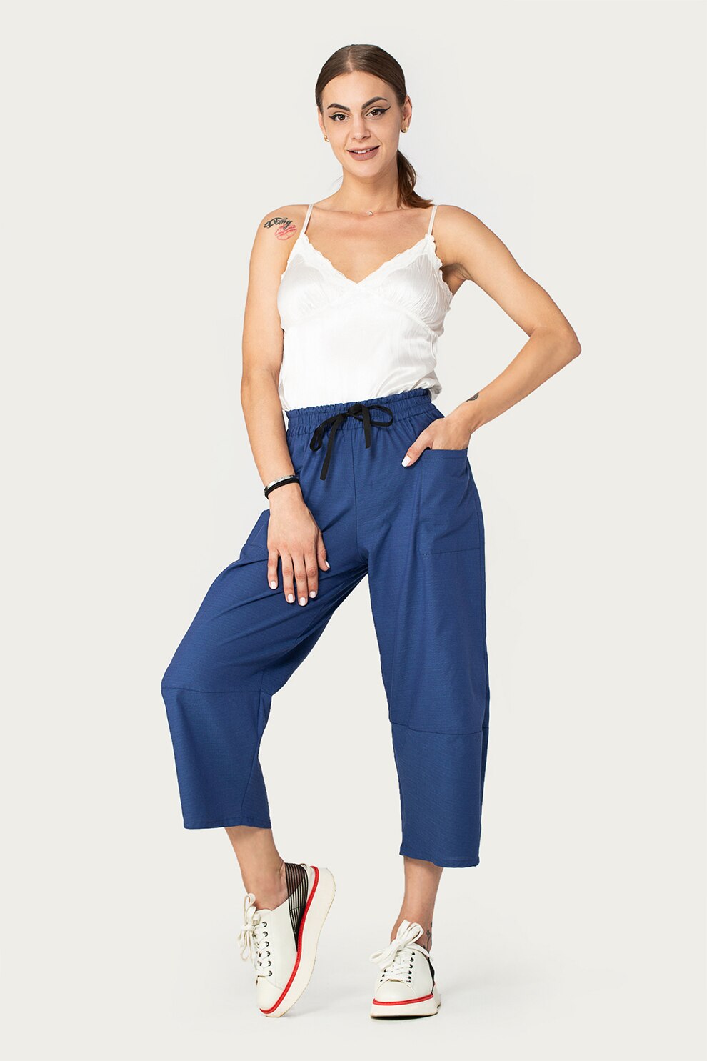 Antonia M, Pantaloni cu croiala ampla si talie elastica, Albastru inchis