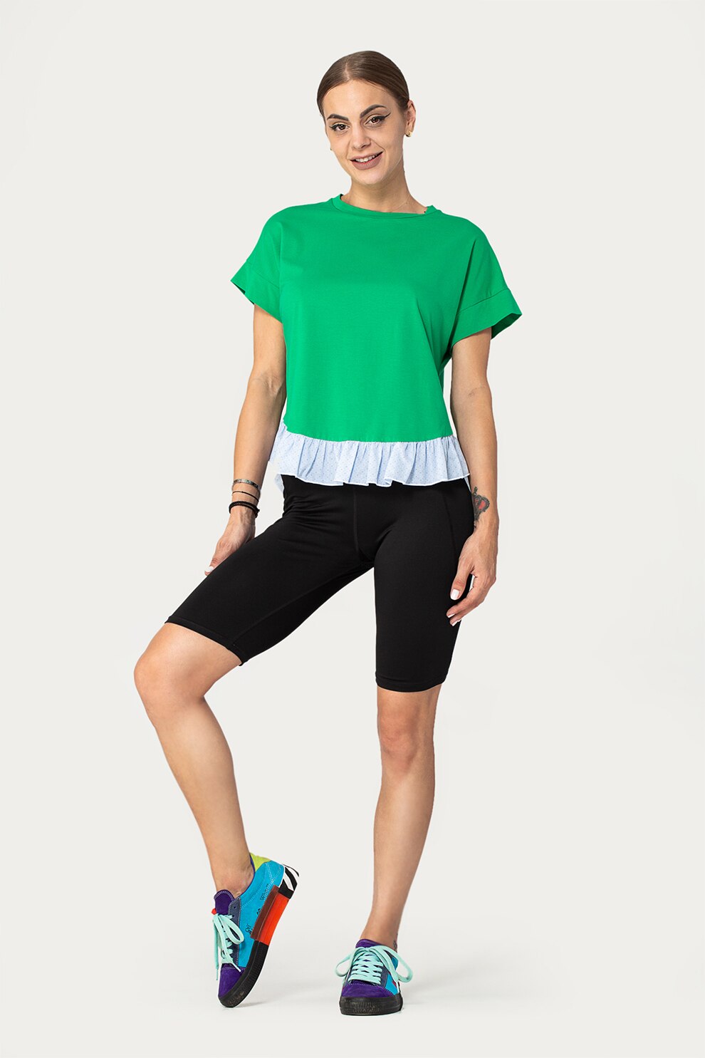 Antonia M, Bluza asimetrica cu terminatie cu volane, Verde/Bleu