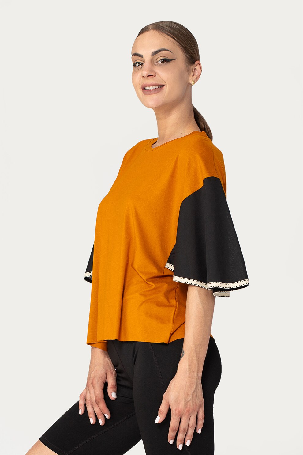 Antonia M, Bluza din jerseu cu decolteu la baza gatului si maneci evazate, Oranj stins/negru/maro nisip, One Size