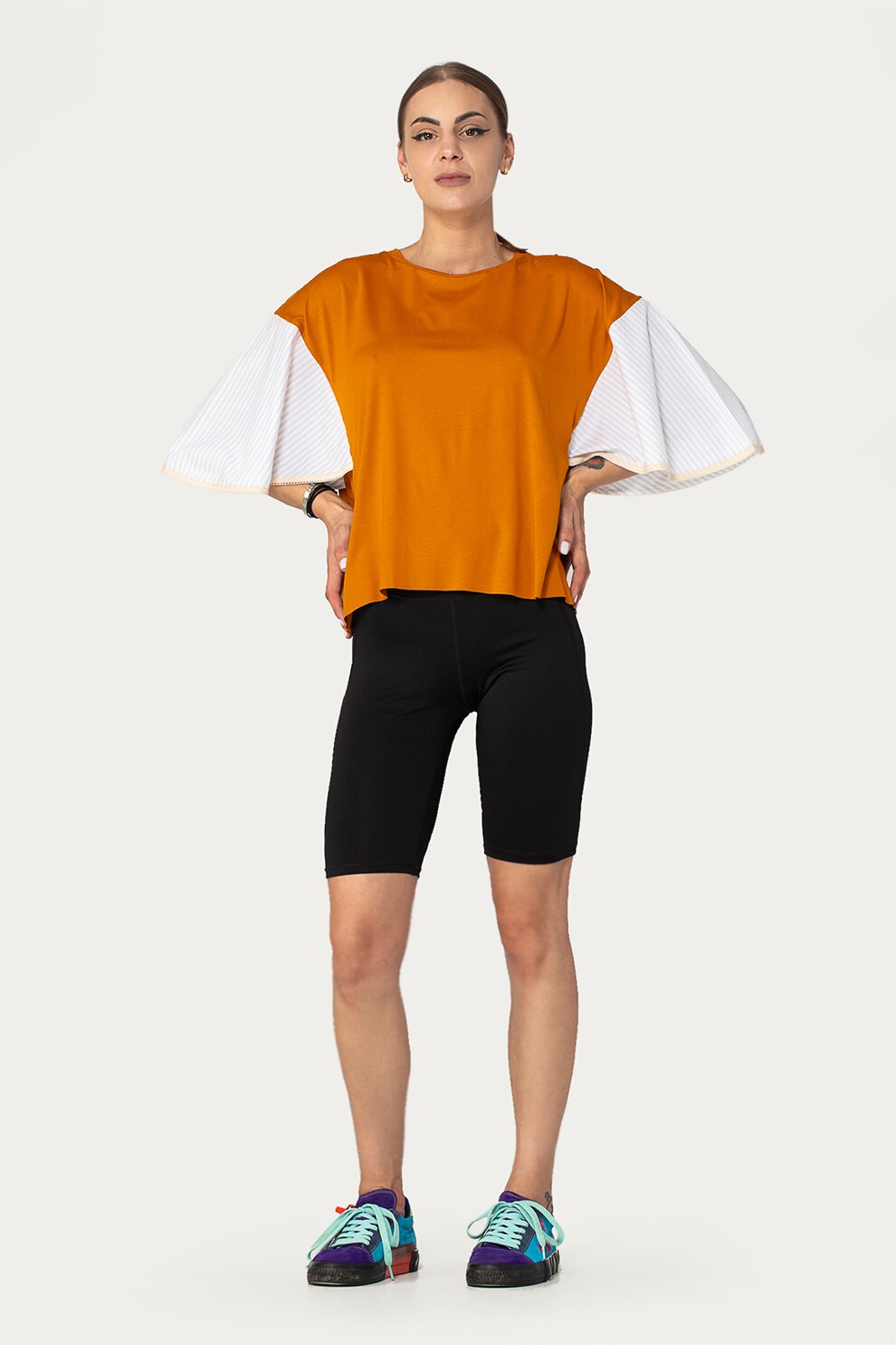 Antonia M, Bluza din jerseu cu decolteu la baza gatului si maneci evazate, Oranj stins/alb/gri deschis, One Size