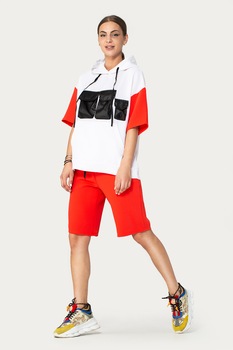 Antonia M, Hanorac cu maneci scurte si buzunare pe piept, Alb/Rosu vermillion/Negru, L Antonia M, Hanorac cu maneci scurte si buzunare pe piept, Alb/Rosu vermillion/Negru, L