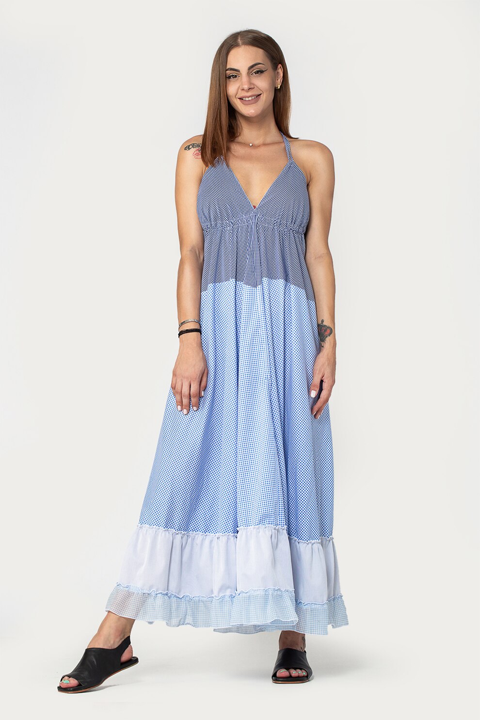 Antonia M, Rochie maxi cu decolteu in V, Albastru royal/Albastru pastel/Alb, One Size