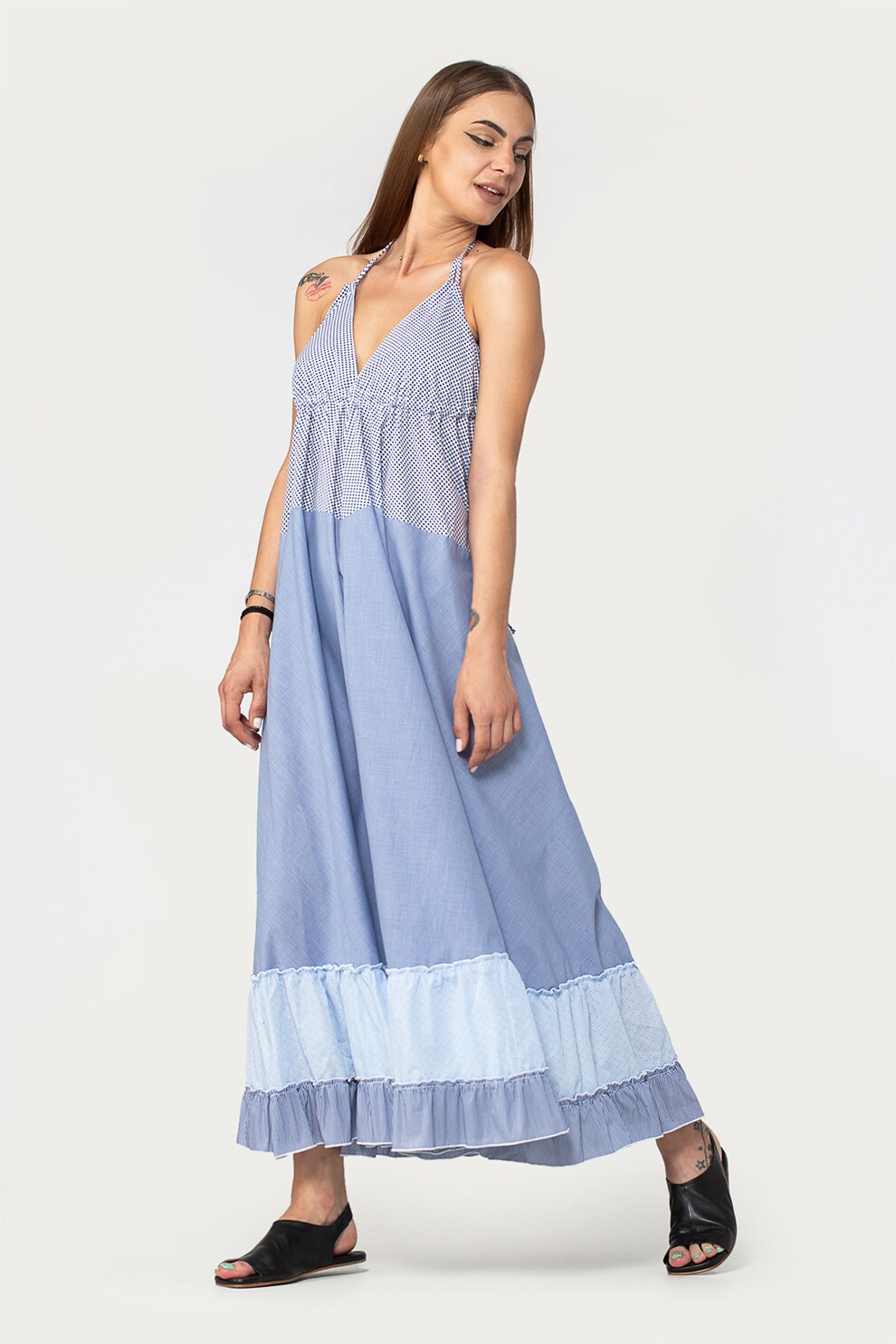 Antonia M, Rochie lejera cu decolteu halter si model colorblock, Albastru/albastru pastel/alb, One Size