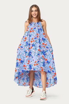Antonia M, Rochie cu imprimeu floral si terminatie asimetrica, Albastru lavanda/Albstru roya/Oranj mandarina, M Antonia M, Rochie cu imprimeu floral si terminatie asimetrica, Albastru lavanda/Albstru roya/Oranj mandarina, M