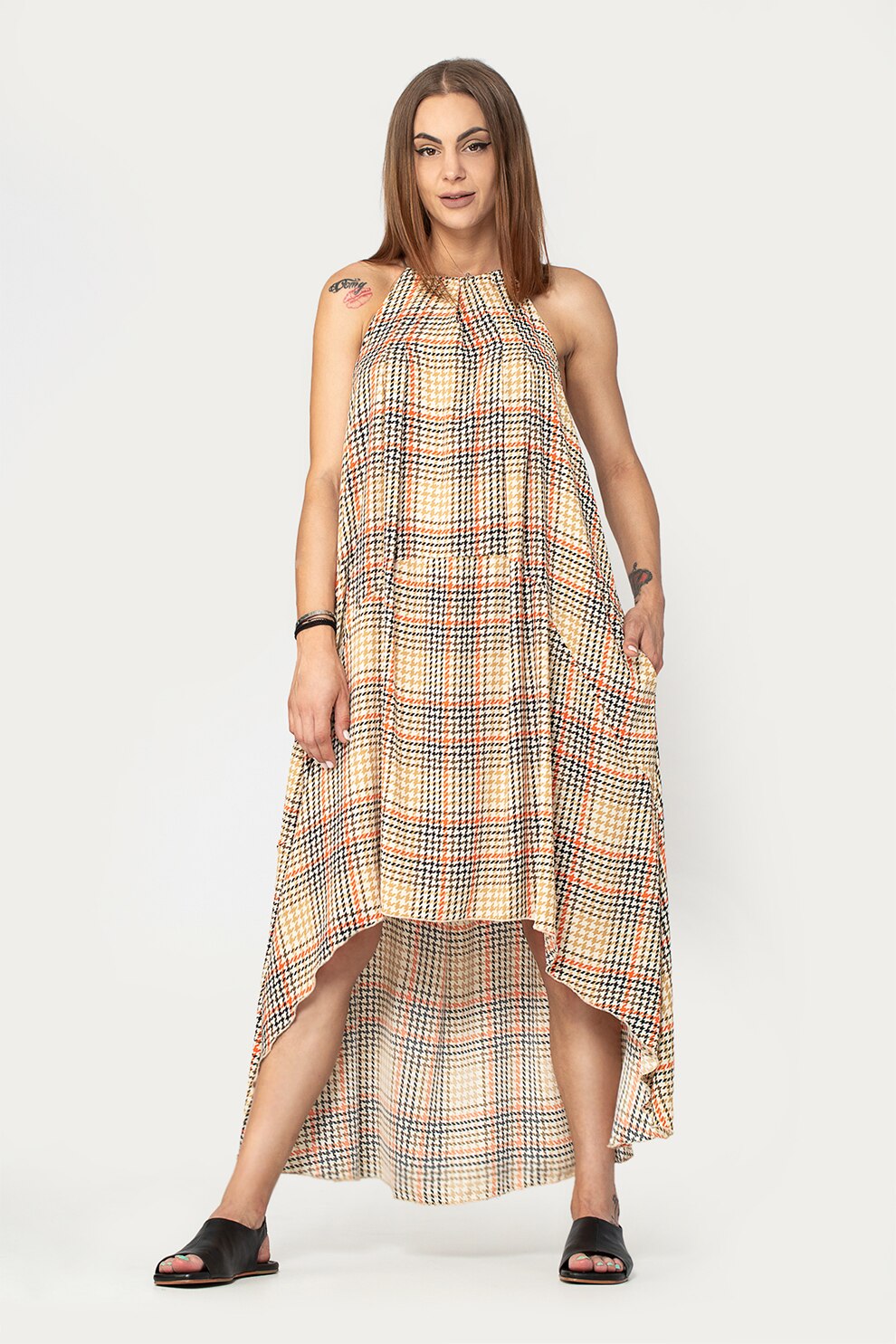 Antonia M, Rochie cu terminatie asimetrica si model in carouri, Multicolora