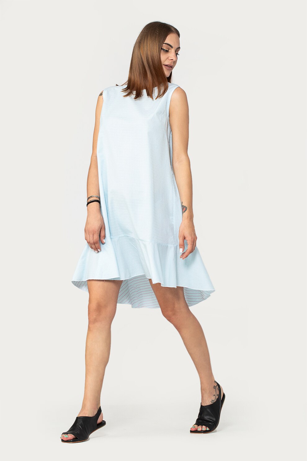 Antonia M, Rochie cu terminatie cu volane, Albastru pastel/Roz