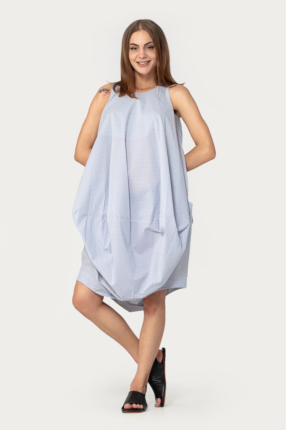 Antonia M, Rochie lejera cu imprimeu si buzunare, Alb/albastru lavanda/albastru inchis, One Size