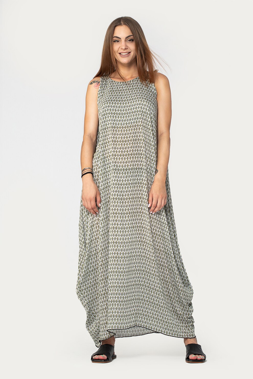 Antonia M, Rochie maxi lejera cu imprimeu geometric, Alb/verde sparanghel/gri inchis