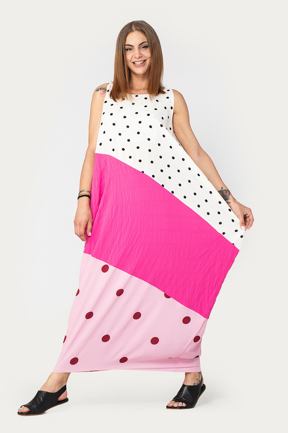 Antonia M, Rochie maxi lejera cu imprimeu cu buline, Roz fucsia/alb/roz pastel, M