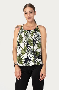 Antonia M, Top cu decolteu rotund si imprimeu, Alb/Bleumarin/Verde militar, M Antonia M, Top cu decolteu rotund si imprimeu, Alb/Bleumarin/Verde militar, M