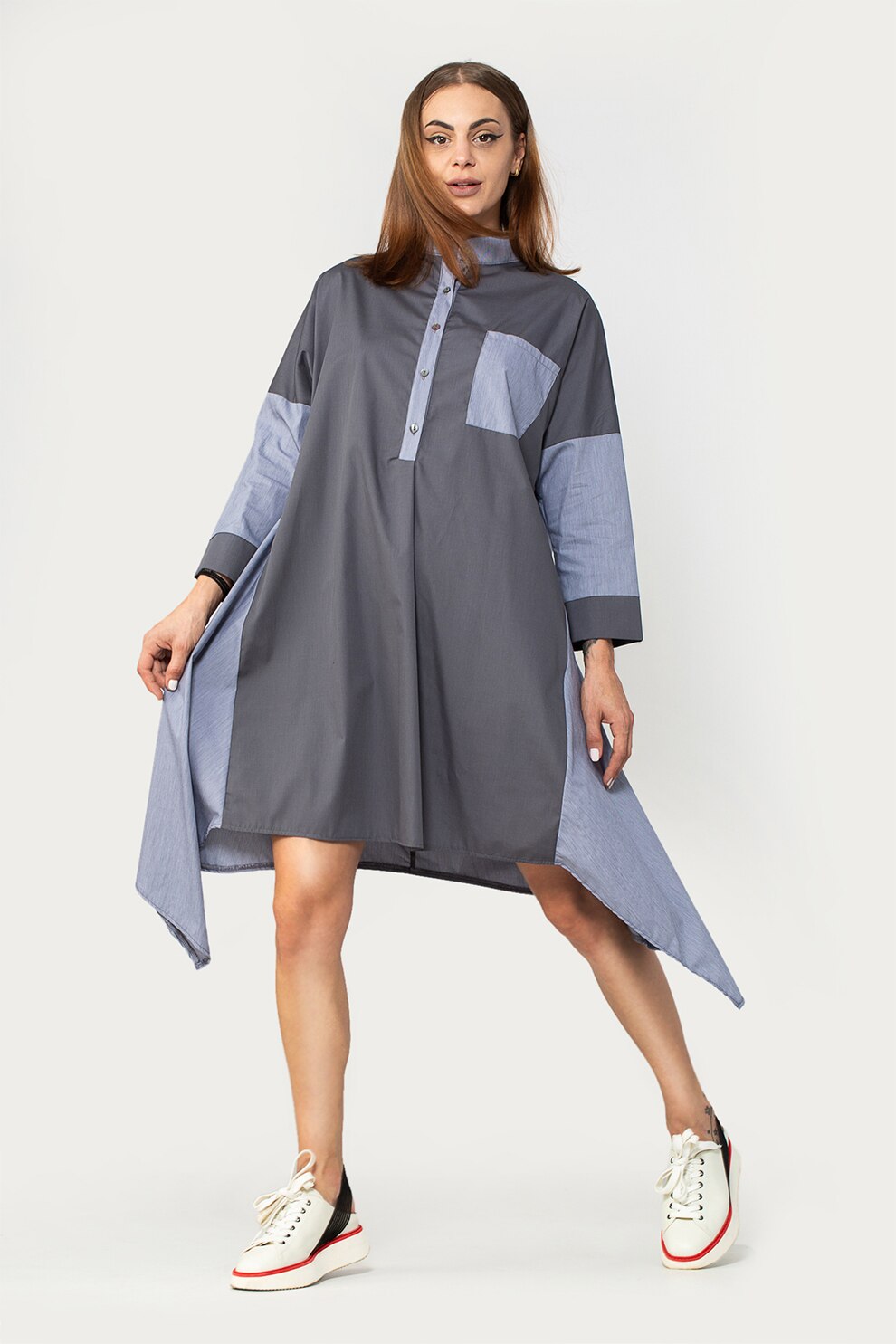 Antonia M, Rochie tip camasa cu terminatie asimetrica, Gri inchis/albastru lavanda, S-M