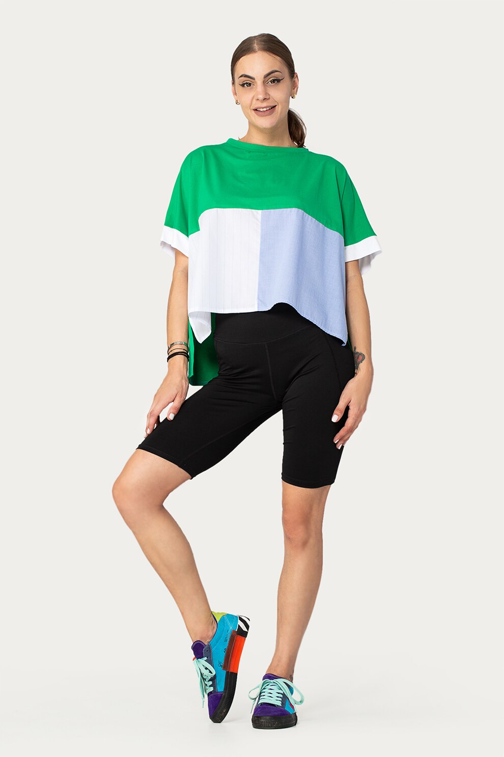 Antonia M, Bluza supradimensionata cu terminatie asimetrica, Verde/alb/albastru lavanda