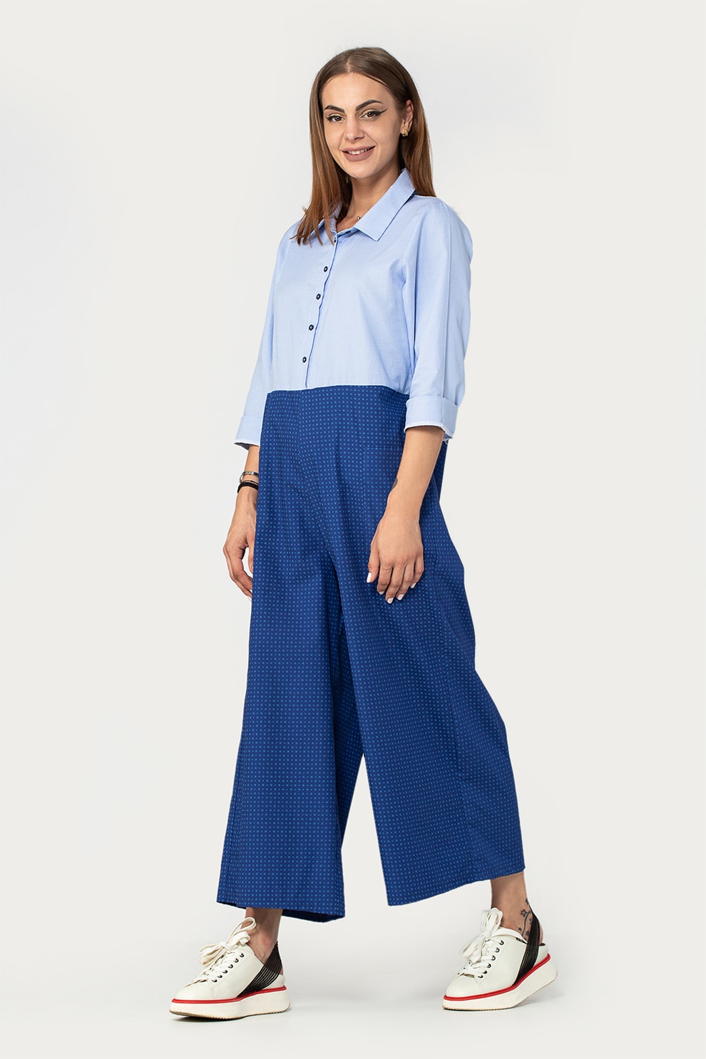 Antonia M, Salopeta ampla cu model si aspect combi, Albastru inchis/Albastru lavanda