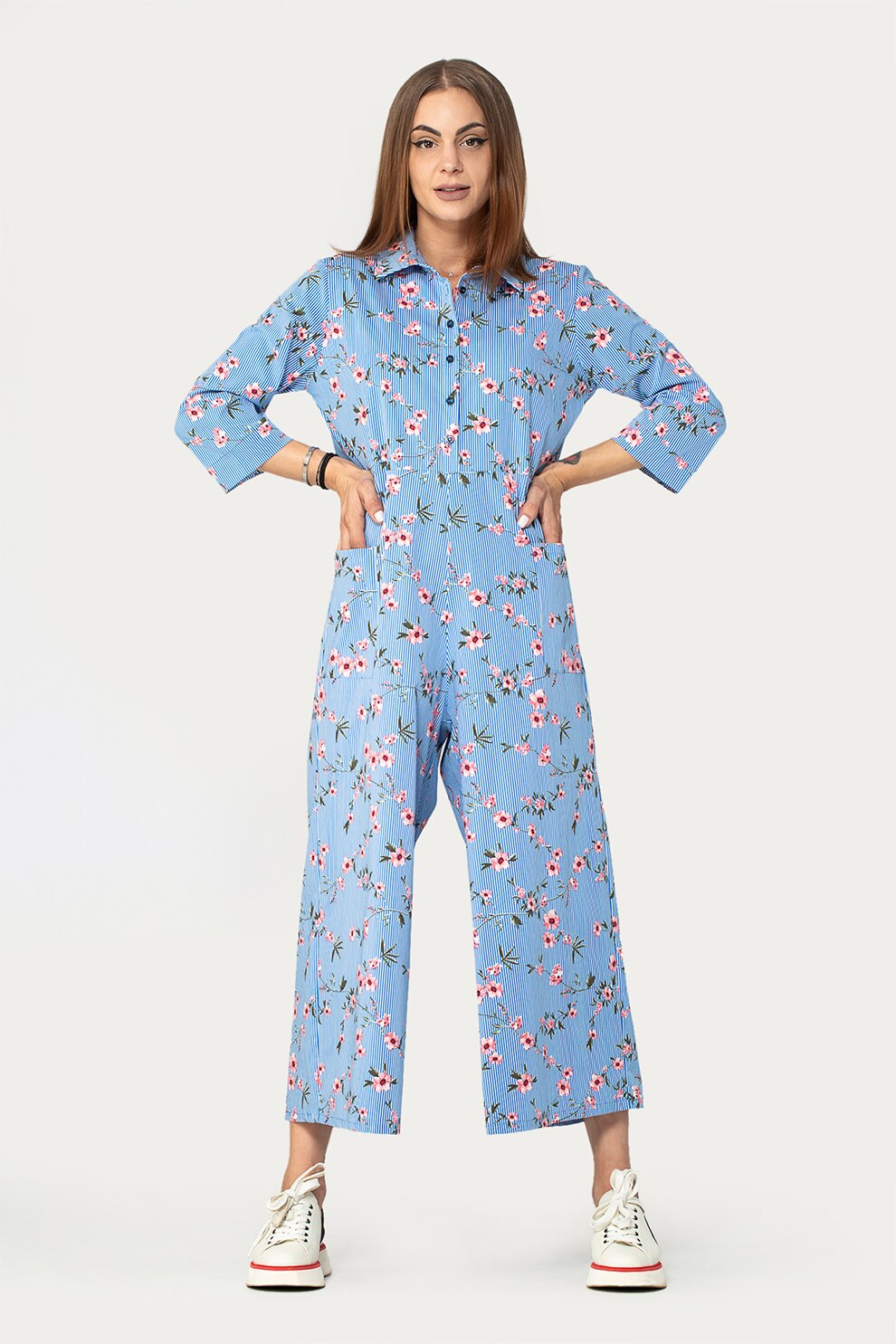 Antonia M, Salopeta cu croiala ampla si model, Albastru/Alb/Roz