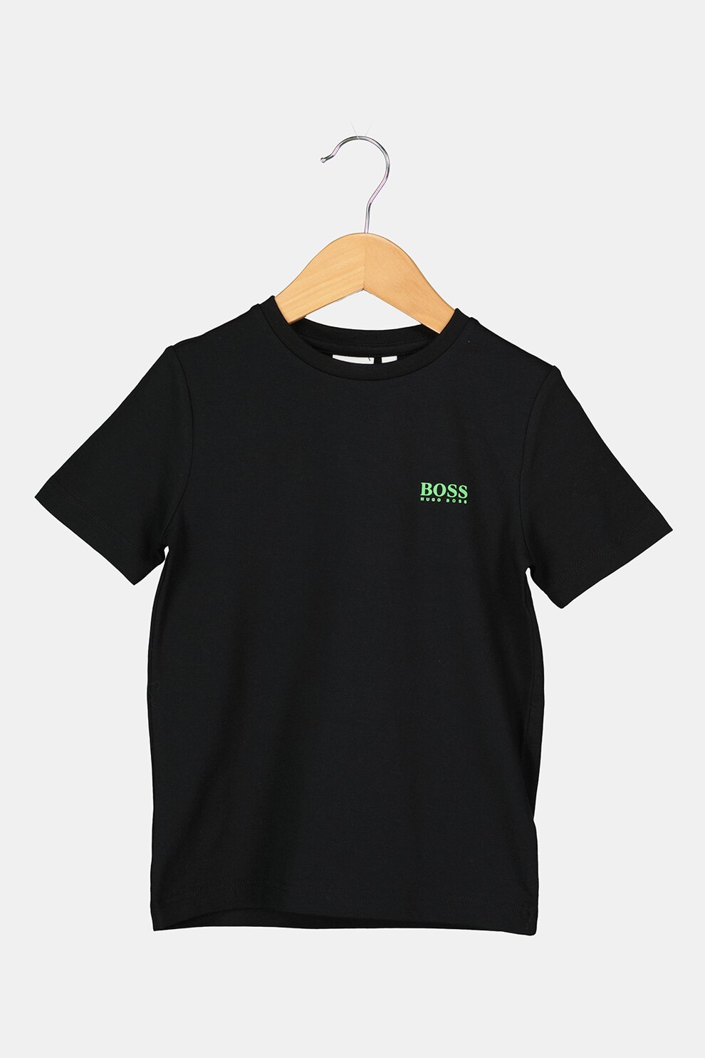 BOSS, Tricou cu decolteu la baza gatului si detaliu logo, Negru/Verde electric