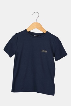 BOSS, Tricou cu decolteu la baza gatului si detaliu logo, Bleumarin BOSS, Tricou cu decolteu la baza gatului si detaliu logo, Bleumarin