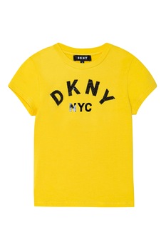 DKNY, Tricou cu logo de paiete, Galben sofran/Negru DKNY, Tricou cu logo de paiete, Galben sofran/Negru