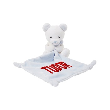 Jucarie ursulet din plus doudou, LWS, cu paturica de 18x18 cm,brodata , nume Tudor, alb si bleu Jucarie ursulet din plus doudou, LWS, cu paturica de 18x18 cm,brodata , nume Tudor, alb si bleu