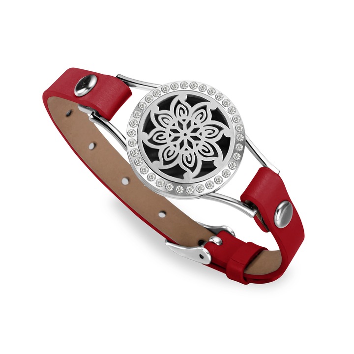 Гривна за ароматерапия Ezera, С модел на цвете мандала с циркон, Еко кожа, Сребрист/Червен