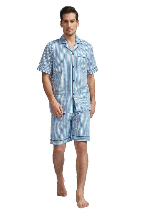 Pijama Barbati Clasica Global SCURTA, Alb/Albastru inchis