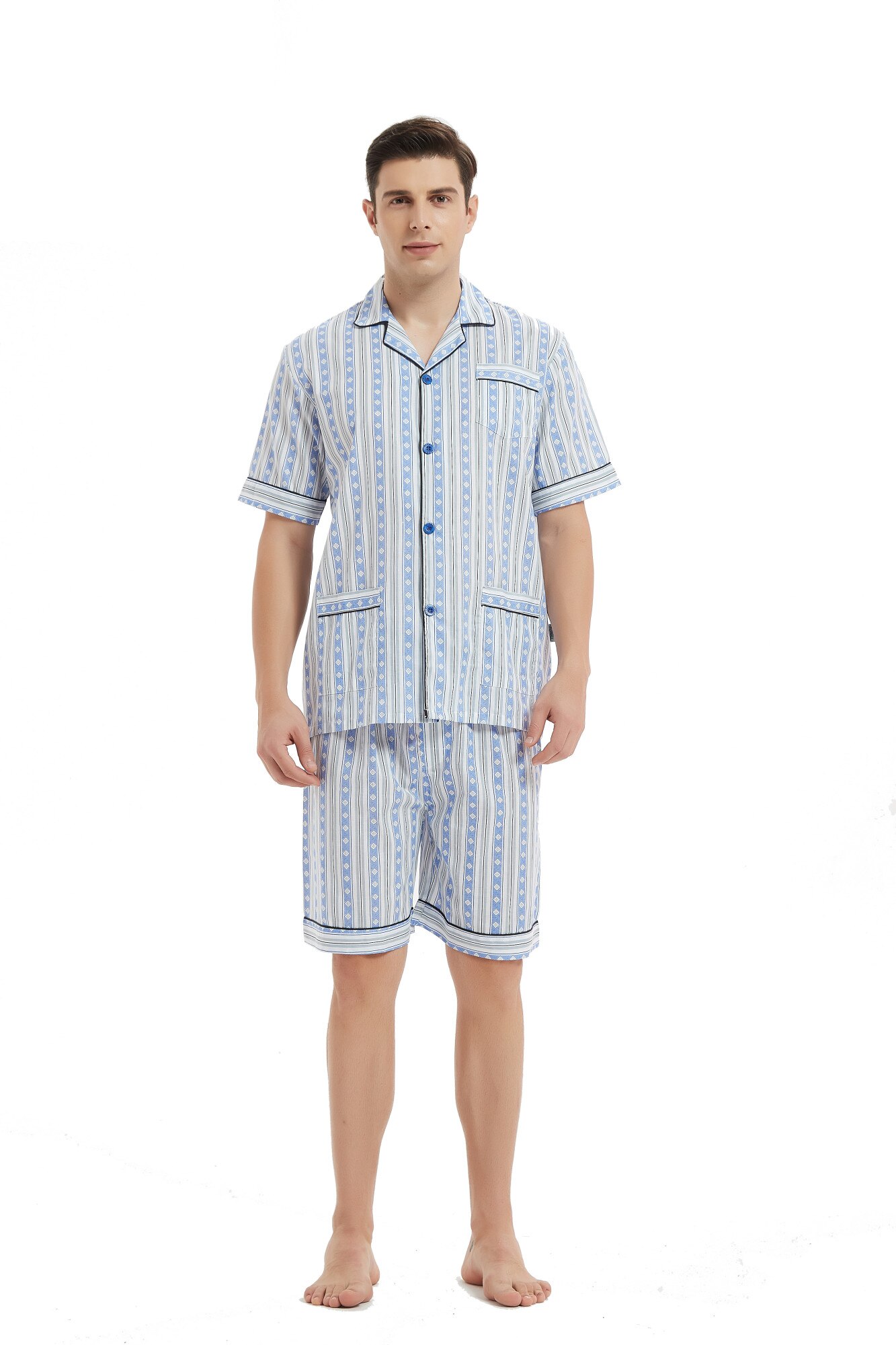 Pijama Barbat Global Scurta Bumbac, Maneca Scurta, Model DungiPijama Barbat Global Bumbac, Maneca Scurta, Model Dungi Gri/Albastru 2XL 54 EU