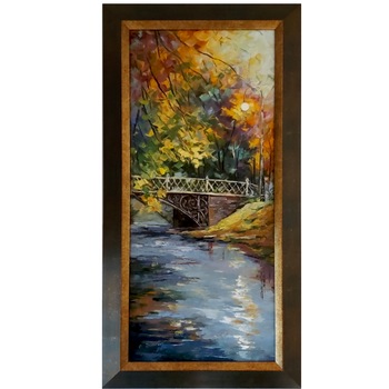 Tablou ArtDeco Peisaj de toamna cu pod, pictat manual in ulei pe panza caserata pe MDF, dimensiuni exterioare cu rama 64 cm lungime, 33 cm latime si 2 cm grosime, compozitie proprie Tablou ArtDeco Peisaj de toamna cu pod, pictat manual in ulei pe panza caserata pe MDF, dimensiuni exterioare cu rama 64 cm lungime, 33 cm latime si 2 cm grosime, compozitie proprie