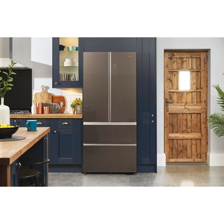 Side by side Haier HB18FGSAAA, French Door, 539l, Total No Frost, Motor Inverter, Sistem Antibacterian, Control umiditate, Fresher Sensors, Fresher Pad, Display LED, Super Cooling, Super Freezing, Clasa E, H 190 cm, Silver Titanium