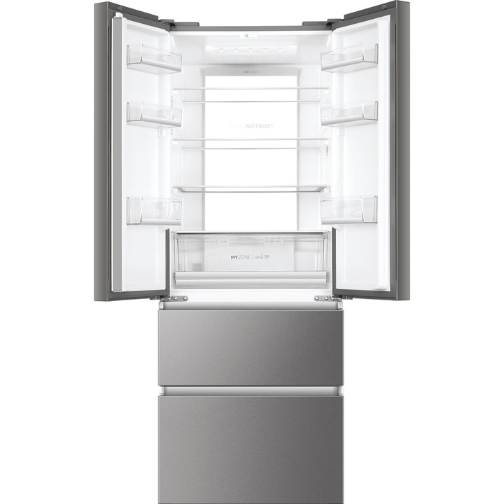 Frigider Side by side Haier HB17FPAAA, French Door, 446 l, Total No Frost, Motor Inverter, My Zone, Display LED, Super Cooling, Super Freezing, Clasa E, H 190 cm, Inox