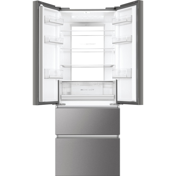 Двукрилен хладилник Side by side Haier HB17FPAAA, French Door, 446 л, Total No Frost, Инверторен мотор, My Zone, LED дисплей, Super Cooling, Super Freezing, Клас E, H 190 см, Inox