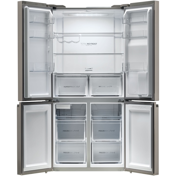 Двукрилен хладилник Side by side Cube Haier HTF-520IP7, 525 л, Total No Frost, Инверторен мотор, Антибактериална система, LED дисплей, Super Cooling, Super Freezing, Диспенсър за вода, Машина за лед, Клас F, H 190 см, Inox
