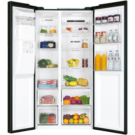 Side by Side Haier HSR3918FIPB, 515l, Total No Frost, Multi air Flow, Motor Inverter, Display LED, Super Cooling, Super Freezing, Dispenser apa si gheata, Clasa F, H 177 cm, Negru