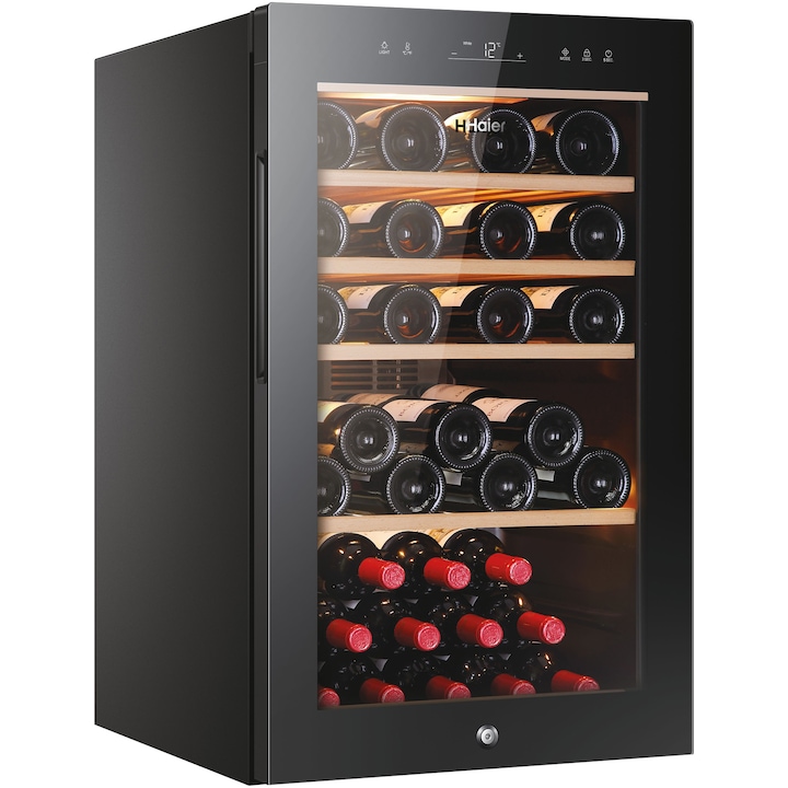 Охладител за вино Haier HWS49GA, 49 шишета, Реверсивна врата, Клас F, H 82 см, Черен