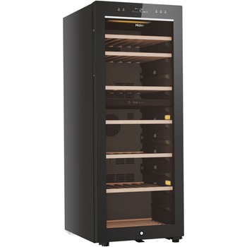 Racitor de vinuri Haier HWS77GDAU1, 77 sticle, WiFi, LED, Dual zone, Usa reversibila, Clasa G, H 127 cm, Negru Racitor de vinuri Haier HWS77GDAU1, 77 sticle, WiFi, LED, Dual zone, Usa reversibila, Clasa G, H 127 cm, Negru