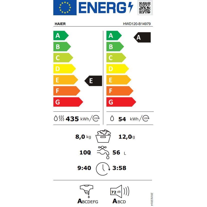 Masina de spalat rufe cu uscator Haier HWD120-B14979-S, 12 kg spalare, 8 kg uscare, 1400 rpm, Clasa A, Motor Direct Motion, iRefresh, ABT, Dual Spray, Pillow Drum, Smart Detecting, Alb