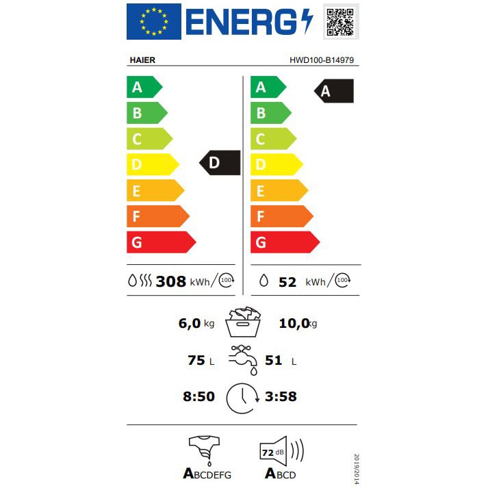 Masina de spalat rufe cu uscator Haier HWD100-B14979-S, 10 kg spalare, 6 kg uscare, 1400 rpm, Clasa A, Motor Direct Motion, iRefresh, ABT, Dual Spray, Pillow Drum, Smart Detecting, Alb