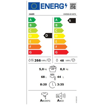 Masina de spalat rufe cu uscator Slim Haier HWD80-B14979-S, 8 kg spalare, 5 kg uscare, 1400 rpm, Clasa A, Motor Direct Motion, iRefresh, ABT, Dual Spray, Pillow Drum, Display LED, Control touch, iTime, Smart Detecting, Alb