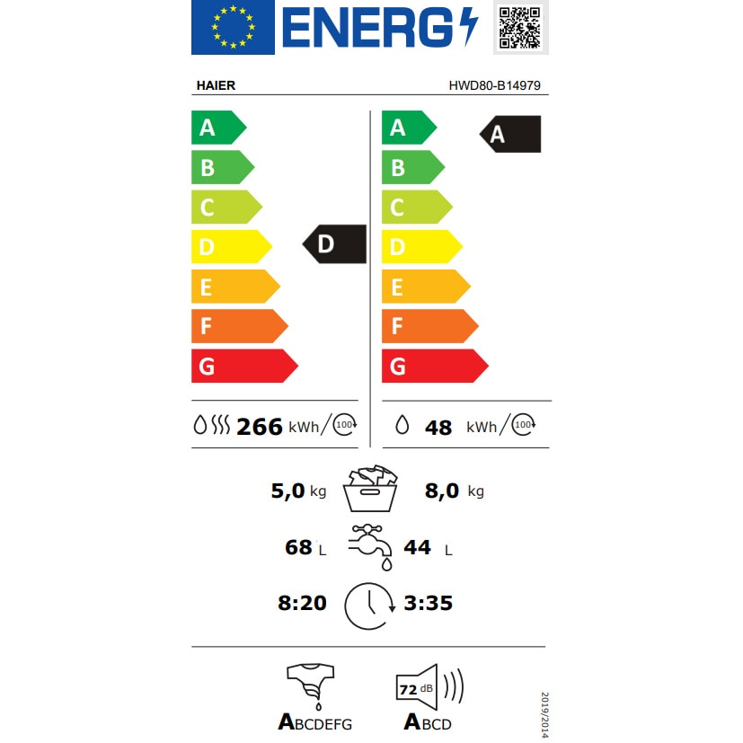 Masina de spalat rufe cu uscator Slim Haier HWD80-B14979-S, 8 kg spalare, 5 kg uscare, 1400 rpm, Clasa A, Motor Direct Motion, iRefresh, ABT, Dual Spray, Pillow Drum, Smart Detecting, Alb