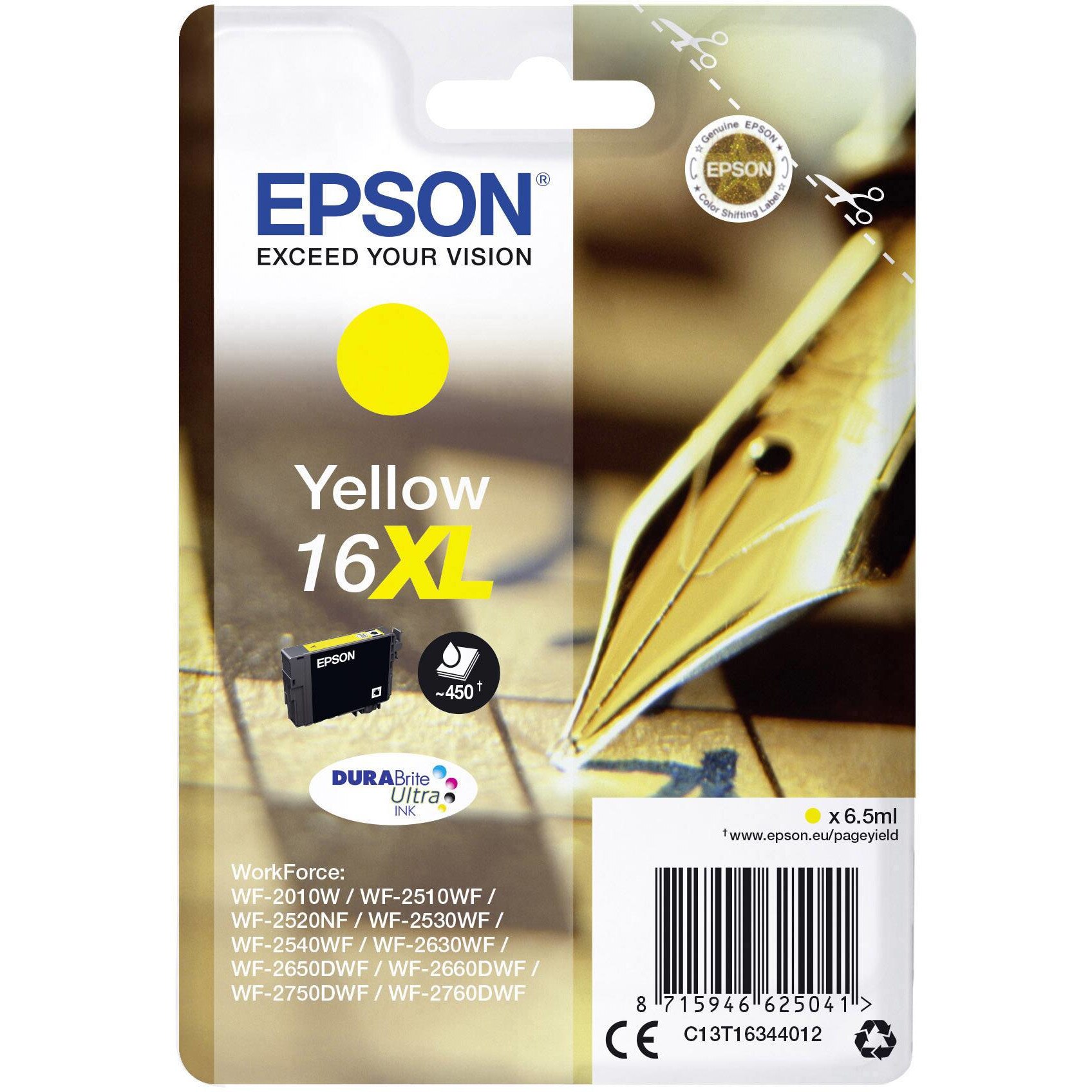 Cartus cerneala Epson Yellow capacitate mare 16XL T1634 pentru WorkForce WF-2010W / WorkForce WF-2660DWF / WorkForce WF-2750DWF, 450 pagini OEM C13T16344010