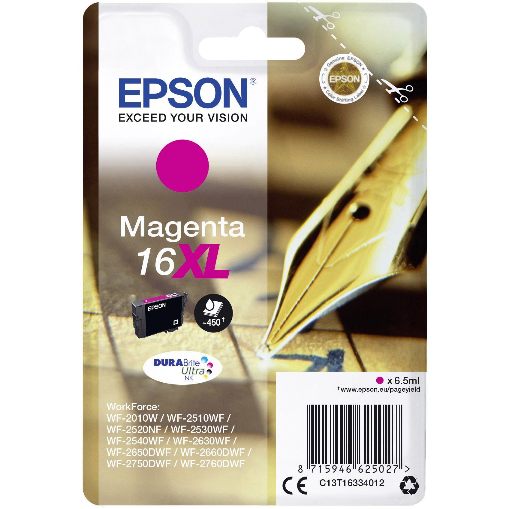 Cartus cerneala Epson Magenta capacitate mare 16XL T1633 pentru WorkForce WF-2010W / WorkForce WF-2660DWF / WorkForce WF-2750DWF, 450 pagini OEM C13T16334010