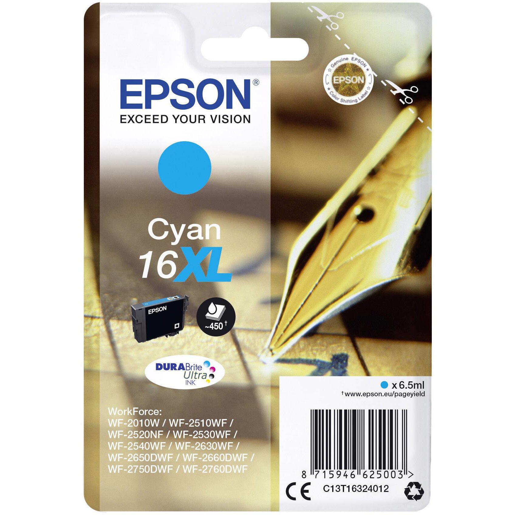 Cartus cerneala Epson Cyan capacitate mare 16XL T1632 pentru WorkForce WF-2010W / WorkForce WF-2660DWF / WorkForce WF-2750DWF, 450 pagini OEM C13T16324010