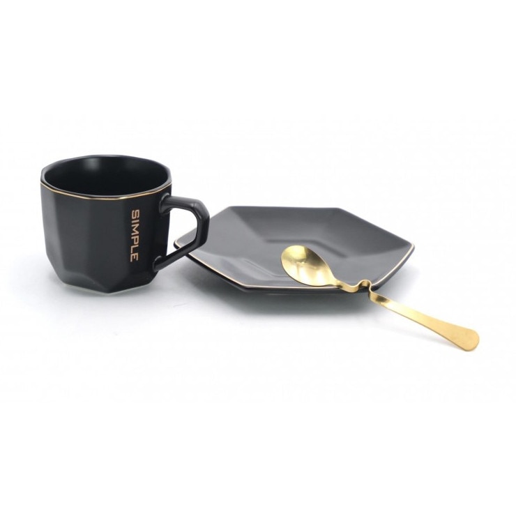 Set ceasca de cafea cu lingurita si farfurie, ceramica, Negru, 180ml, 7x8x12 cm