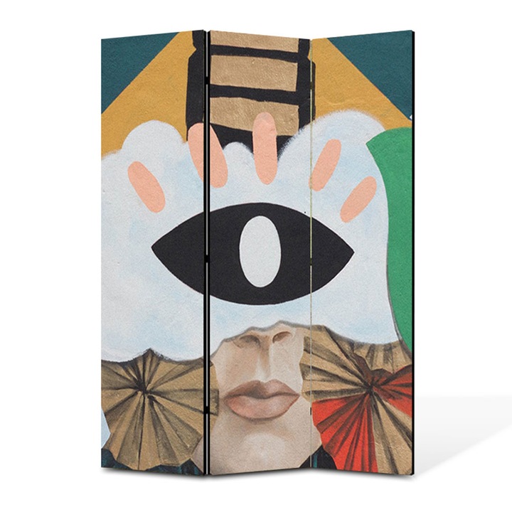 Paravan 3 piese Premium TrueColor, Art Star, Cu ochii la perete cu grafitti, Urban, Panza pe cadru de lemn, Decoratiuni Moderne pentru Casa, 3 Panouri de 35x150, 105 x 150 cm