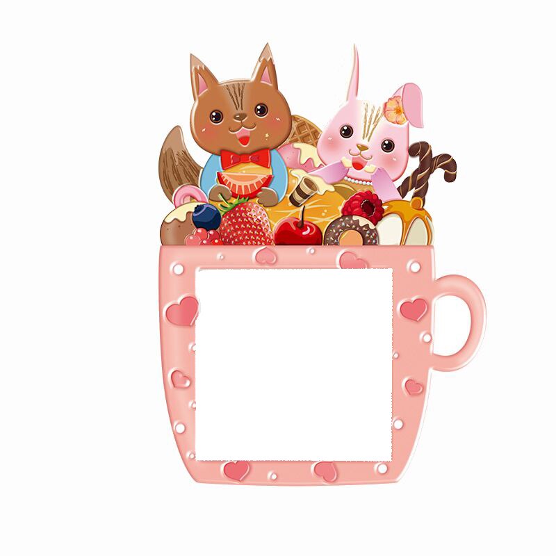 Sticker decorativ 3D pentru priza sau intrerupator, model Cana cu inimioare si veverite, 8.6x8.6 cm, culoare roz