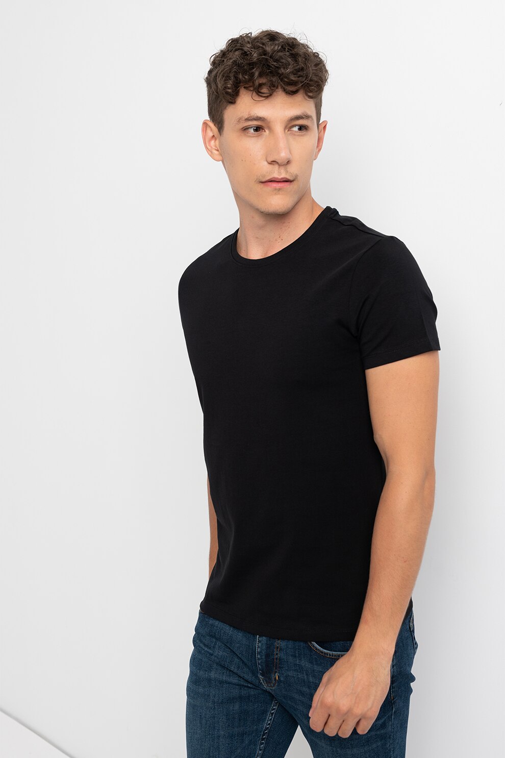 Casual Friday, Tricou slim fit cu decolteu la baza gatului, Negru, XL