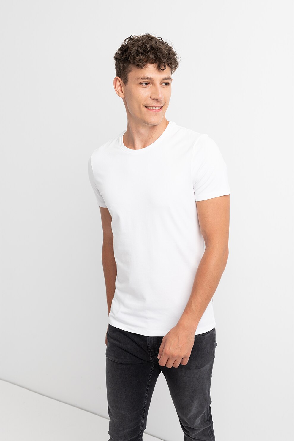 Casual Friday, Tricou slim fit cu decolteu la baza gatului, Alb, XL