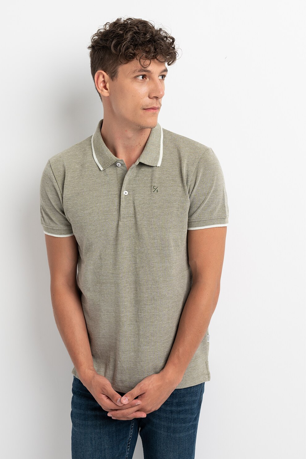 Casual Friday, Tricou polo de bumbac pique, Verde feriga/Alb prafuit
