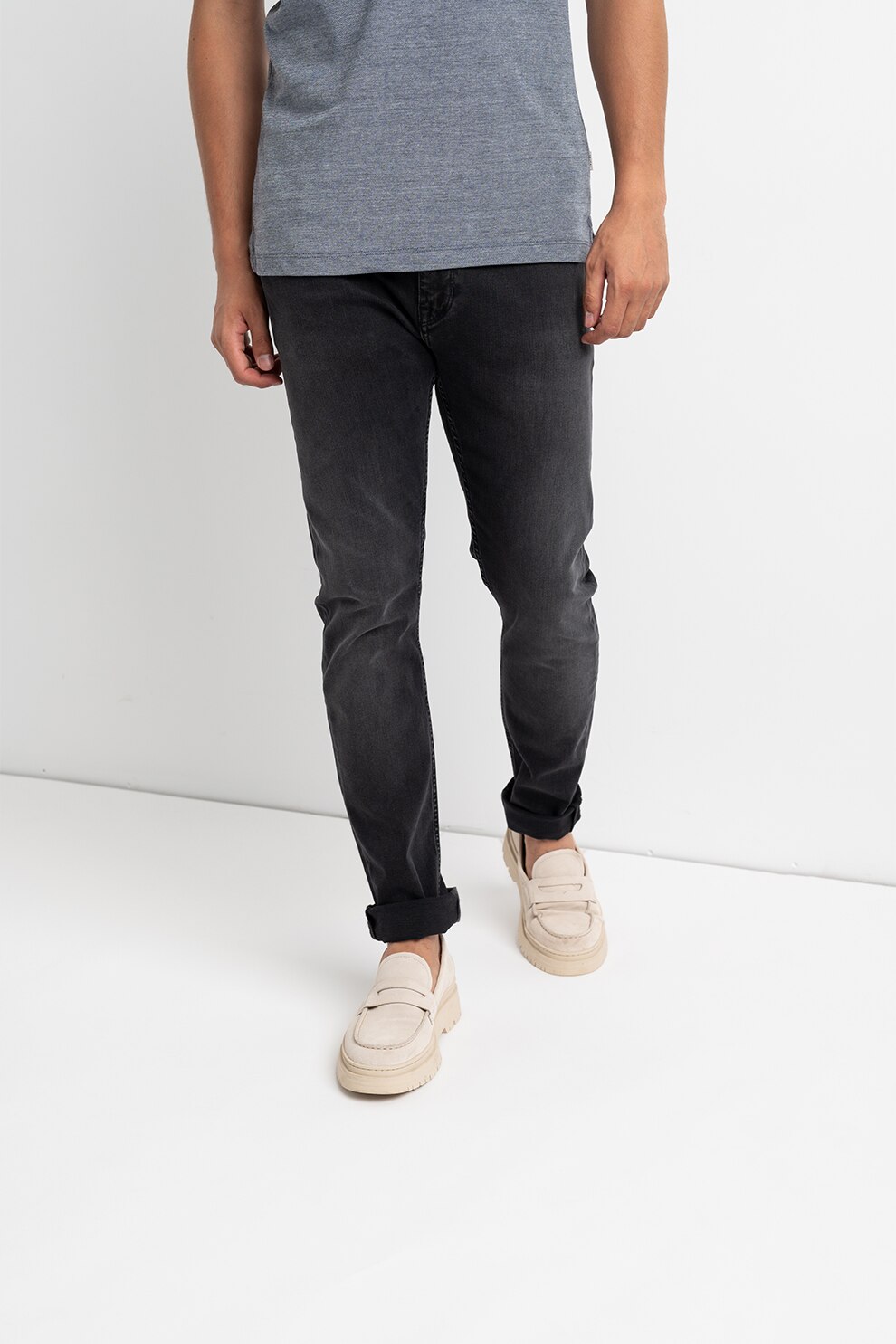 Casual Friday, Blugi slim fit cu talie joasa, Gri inchis